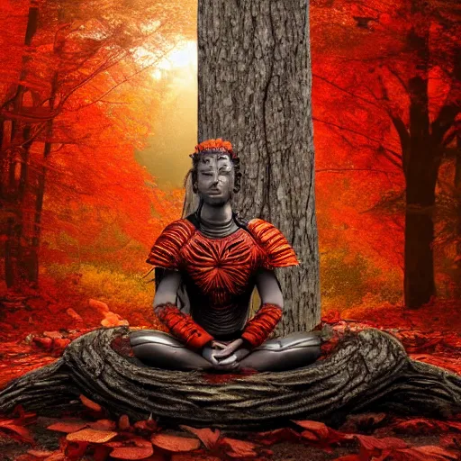 Image similar to warrior with surface of tree - bark, wearing stone wood vines armor, sitting in lotus position by tall tree with red and orange autumn leaves, meditation, highly detailed, dramatic lighting, cinematic, sci - fi, hyperrealistic, detailed