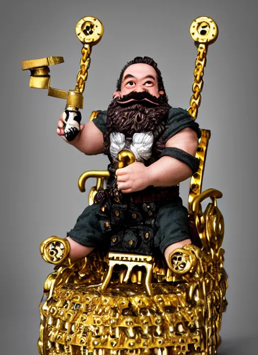 Image similar to dwarf fighter sitting in mechanical spider chair, gold, exquisite details, black beard, white background, by studio muti