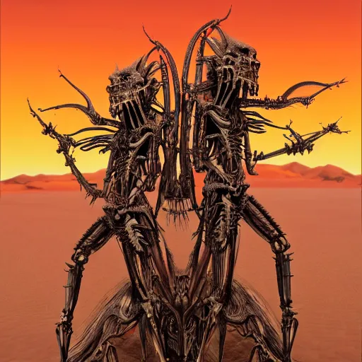 Image similar to conjoined demon twins sitting in a desert holding knives by Yoshitaka Amano, by HR Giger, biomechanical, 4k, hyper detailed, hyperrealism, anime, a Broken World demons flying overhead, red sky, deviantart, artstation