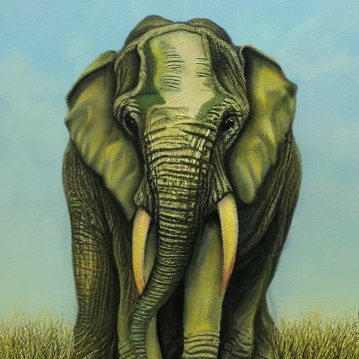 Image similar to A creature that is half elephant, half frog, oil painting