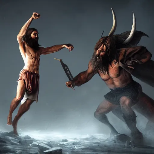 Prompt: Jesus fighting the devil, dynamic lighting, photorealistic concept art, trending on art station, stunning visuals, creative, cinematic, ultra detailed