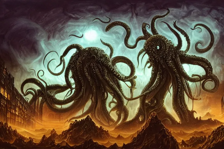 Image similar to man is seeing old god eldritch horror cthulhu terrifying the night sky of a city, epic scene, hyper - detailed, gigantic cthulhu, photo - realistic wallpaper, dark art, oil paint