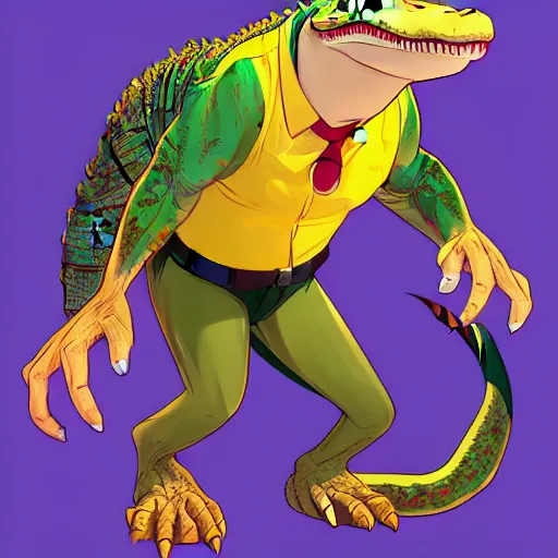 Image similar to in the style of artgerm, loish and ross tran, anthropomorphic alligator, symmetrical face, symmetrical eyes, red scales on his back, yellow scale on his belly and chest, male, waring a hawaiian shirt, in the style of zootopia