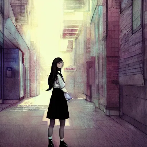 Prompt: a perfect, realistic professional digital sketch of a Japanese schoolgirl posing in a sci-fi alleyway, style of Marvel, full length, by pen and watercolor, by a professional American senior artist on ArtStation, a high-quality hollywood-style sketch, on high-quality paper