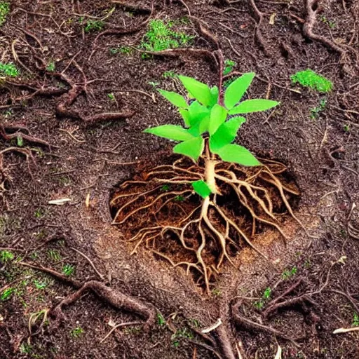 Image similar to a hand made of tree roots growing out of the ground