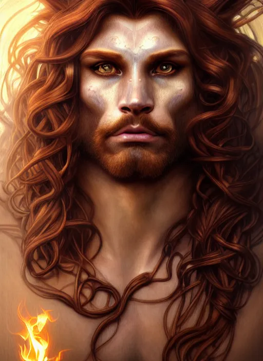 Image similar to portrait of demigod hercules, long wavy auburn hair, lion head, glowing eyes, volumetric lights, forest, art nouveau botanicals, gothic, intricate, highly detailed, digital painting, artstation, concept art, smooth, sharp focus, symmetric face, illustration, steampunk, art by artgerm and greg rutkowski and alphonse mucha