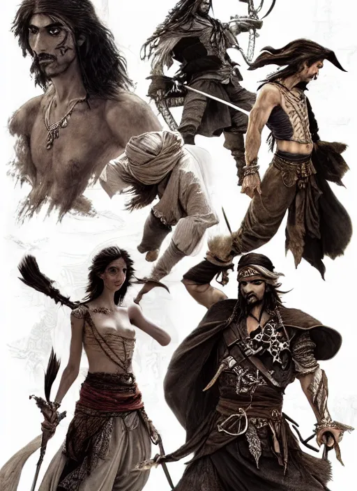 Image similar to detailed pencil spot illustrations ofcharacter concept from the prince of persia game and pirates of the caribbean movie, various poses, by burne hogarth, by bridgeman, by anthony ryder, by yoshitaka amano, by ruan jia, by conrad roset, by mucha, artstation, artstation.