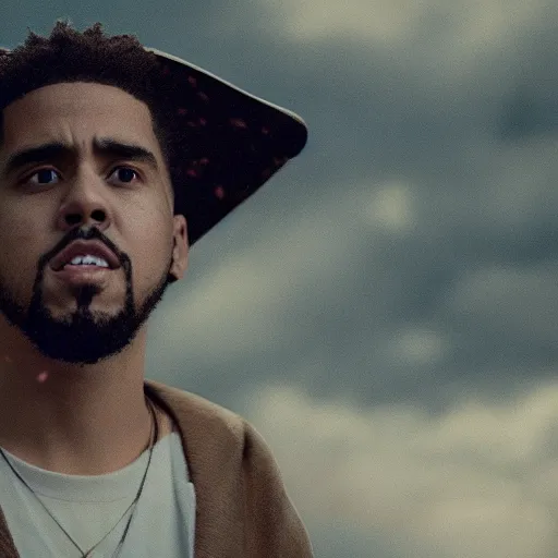 Image similar to cinematic film still of J Cole starring as a Samurai holding fire, Japanese CGI, VFX, 2022, 40mm lens, shallow depth of field,film photography