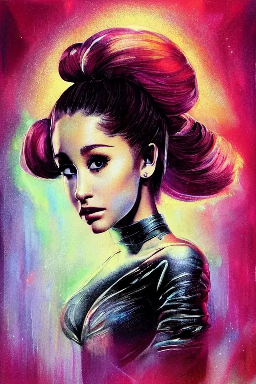 Image similar to ariana grande in the style of johan grenier and john picacio and alan m. clark, trending on artstation, bioluminescence tilt - shift blade runner 2 0 4 9, crayon art, futuresynth, splash art, post - minimalism