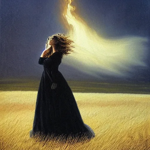 Prompt: The painting depicts a woman standing in a field of ashes, her dress billowing in the wind. Her hair is wild and her eyes are closed, and she seems to be in a trance-like state. The painting is dark and atmospheric, and the ashes in the field seem to be almost alive, swirling around. high-key lighting by Ken Kelly