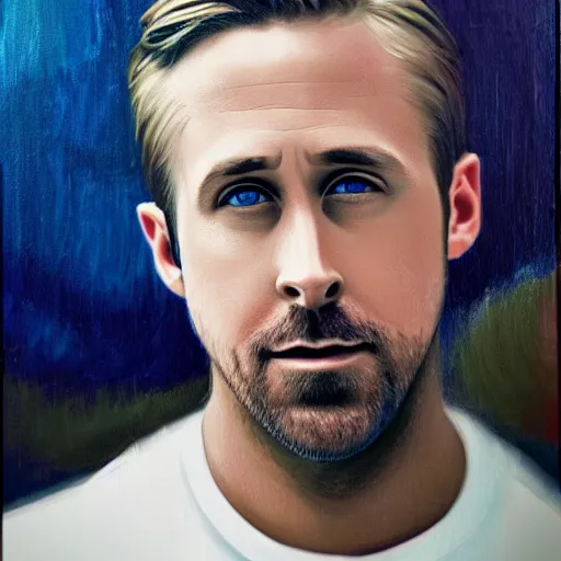 Image similar to ryan gosling portrait in detail in oil using block colour by james jean,