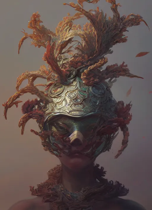 Image similar to Helmet of a forgotten Deity, corals, ribbons made of seaweed, extremly detailed digital painting, in the style of Fenghua Zhong and Ruan Jia and jeremy lipking and Peter Mohrbacher, mystical colors, rim light, beautiful lighting, 8k, stunning scene, raytracing, octane, trending on artstation