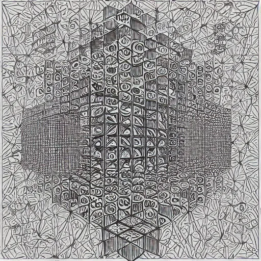 Image similar to “geometrically incomprehensible surreal order of cubes, extremely high detail, photorealistic, intricate line drawings, painted cube spaces, dotart, album art in the style of James Jean”