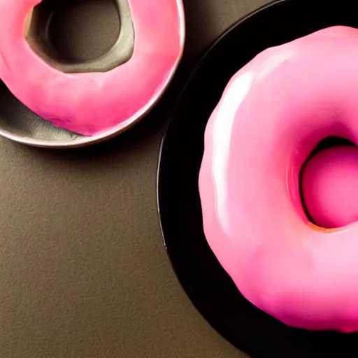 Prompt: beautiful glossy digital painting of a pink glazed donut on a red glass plate