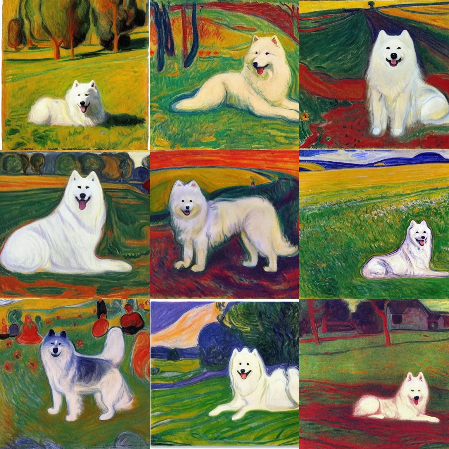 Prompt: a samoyed dog sitting in the middle of sunny meadow, by edvard munch