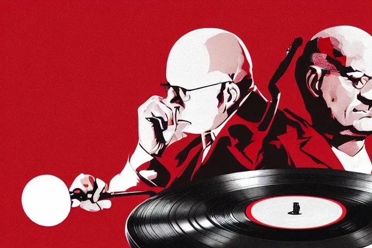 Image similar to a portrait of agent 4 7 from hitman wearing headphones and putting a vinyl record onto a turntable, dark background, red rim light, digita, l