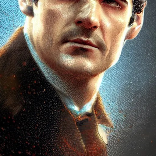 Prompt: portrait closeup henry cavil as sherlock Holmes puzzled as an epic idea, intricate detail, digital painting, old english, sepia, particles floating, whimsical background by marc simonetti, artwork by ross tran + ramond swanland + liam wong