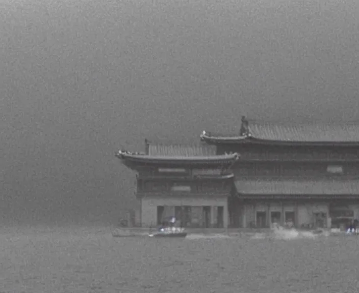 Image similar to a filmstill of a north korean monster movie, kaiju - eiga monster with starfish - arms trampling a traditional korean palace, foggy, film noir, epic battle, etheral, explosions, communist propaganda, communist epic thriller produced by kim jong - il, cinematography by akira kurosawa and tim burton, video compression