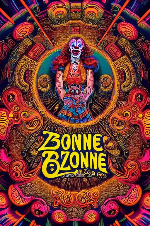 Image similar to Flowing lettering that says The Bozone, Fillmore concert poster for The Bozone by Robert Crumb, by Victor Moscoso, by Laurie Lipton, black light velvet poster, intricate paisley filigree, Bozo the clown. Clown motif, Shiny bulbous red clown nose at the center of an infinite fractal mandala tunnel of clowns, Unreal Engine, Cryengine, Artstation