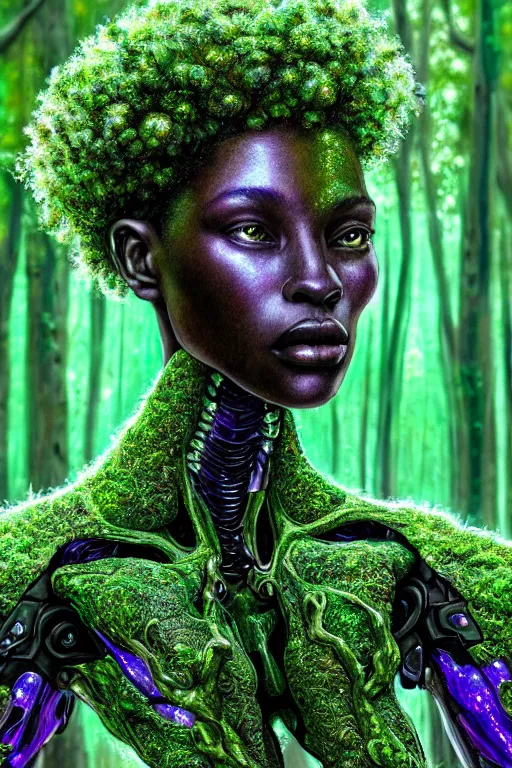 Image similar to hyperrealistic post - raphaelite super expressive! black woman with exoskeleton armor, merging with tree in a forest, highly detailed digital art masterpiece smooth cam de leon eric zener dramatic pearlescent soft green purple light ground angle hd 8 k sharp focus