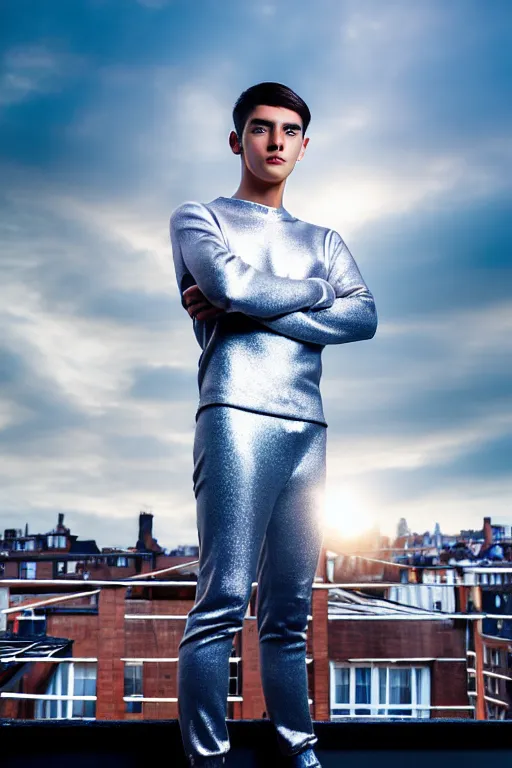 Image similar to un ultra high definition studio quality photographic art portrait of a young man standing on the rooftop of a british apartment building wearing soft padded silver pearlescent clothing. three point light. extremely detailed. golden ratio, ray tracing, volumetric light, shallow depth of field. set dressed.