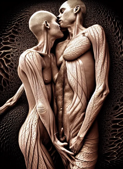 Image similar to beautiful human bodies intertwined, 3 d fractals, mandelbulb, dripping wet, skin, highly detailed, hyperrealism, cinematic