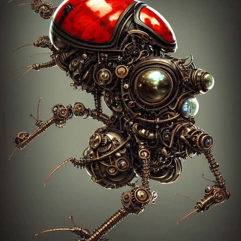 Image similar to steampunk cybernetic biomechanical ladybug with wings, 3 d model, very coherent symmetrical artwork, unreal engine realistic render, 8 k, micro detail, intricate, elegant, highly detailed, centered, digital painting, artstation, smooth, sharp focus, illustration, artgerm, tomasz alen kopera, wlop