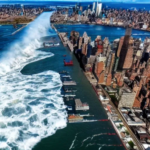 Prompt: drone footage of new york being surrounded by huge waves