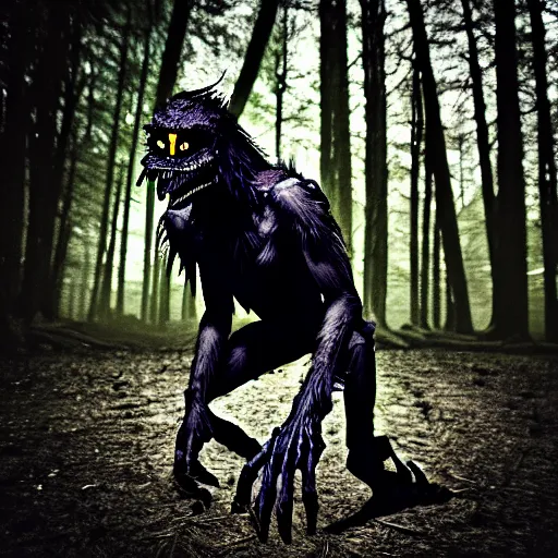 Image similar to werecreature consisting of a human and crow, photograph captured in a forest