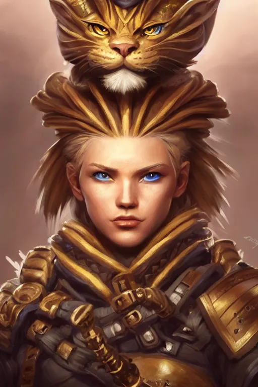 Image similar to legendary leonin fighter portrait, highly detailed, d & d, fantasy, highly detailed, digital painting, trending on artstation, concept art, sharp focus, illustration, global illumination, ray tracing, realistic shaded, art by artgerm and greg rutkowski and fuji choko and viktoria gavrilenko and hoang lap