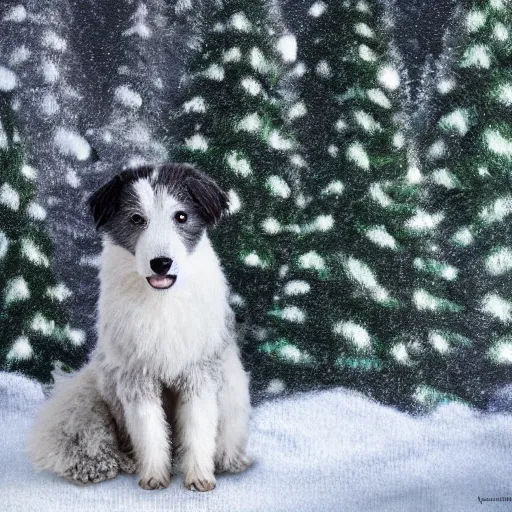 Prompt: cute fluffy grey and white sheepdog puppy sitting in snowy winter landscape with holiday trees detailed painting 4k