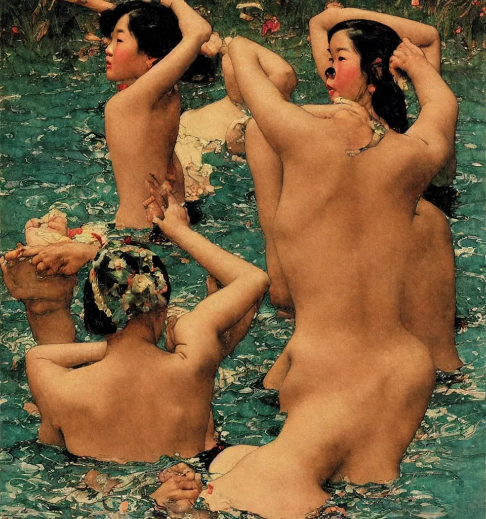 Prompt: a beautiful asian girl swimming by Norman Rockwell