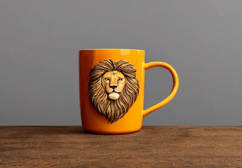 Prompt: a product photography photo of a glossy porcelain mug that looks like the head of a lion, centered in frame. The mug is glazed in shades of ochre yellow and orange, studio lighting, on a cement table