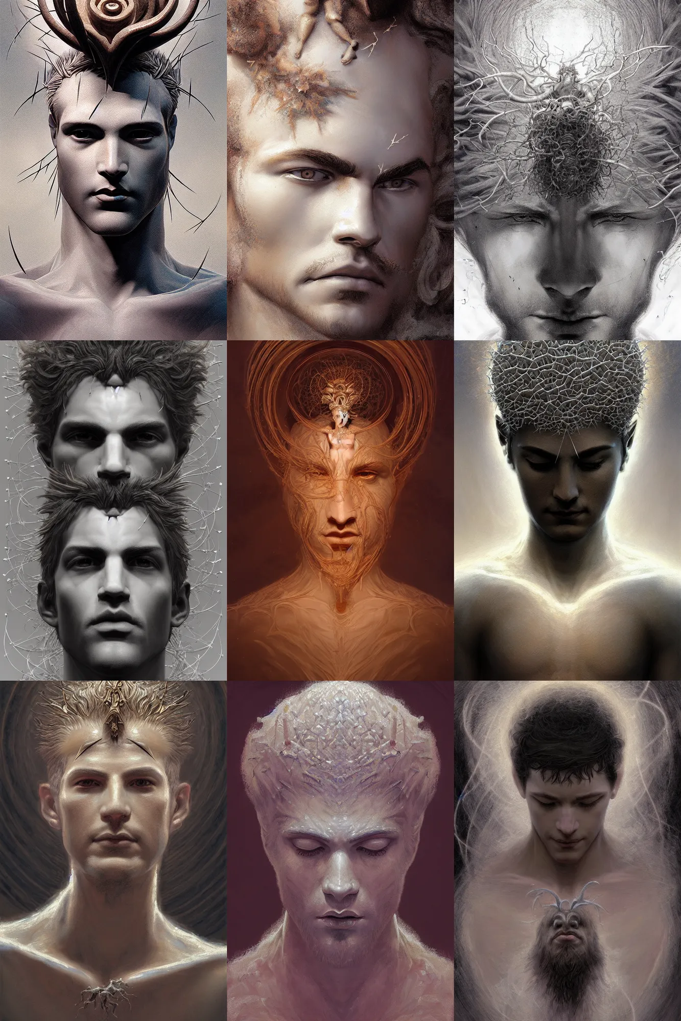 Prompt: portrait of the male god of purity : : 1, celestial hair made out of thorn : : 2, ultra - detailed, symmetrical and centered composition, eerie, the style of craig mullins and james jean, de - noise, 8 k