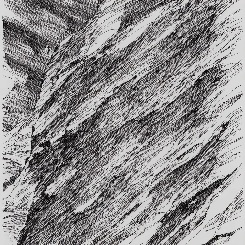 Image similar to slot canyons by moebius, minimalist ink drawing with long lines