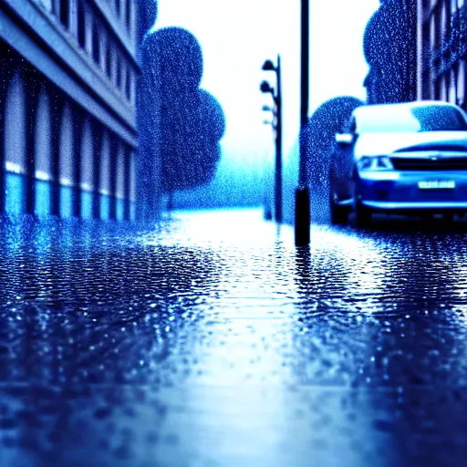 Image similar to blue car, street, rain, sun. super realistic 8 k render of a dark hooded powerful elegant, cinematic composition