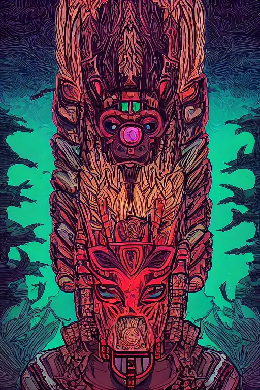 Image similar to totem animal tribal chaman vodoo mask feather gemstone plant video game illustration vivid color borderlands and by feng zhu and laurie greasley, victo ngai, andreas rocha, john harris radiating a glowing aura