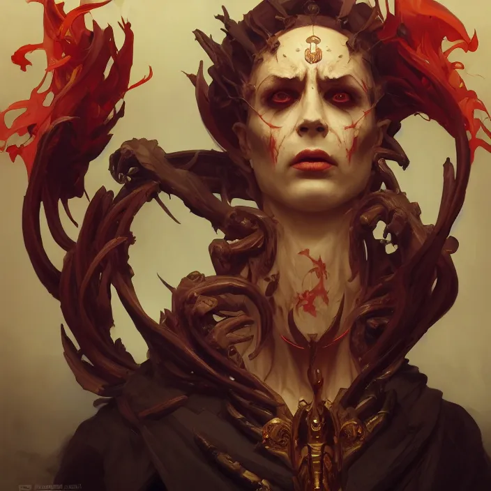 Image similar to excellent painted portrait of the grand demon tyrant, stylized dramatic lighting oil painting, symmetry, 8k resolution artwork, trending on artstation, octane render, art by artgerm and greg rutkowski and alphonse mucha and craig mullins and James Jean and Andrei Riabovitchev and Marc Simonetti and peter mohrbacher