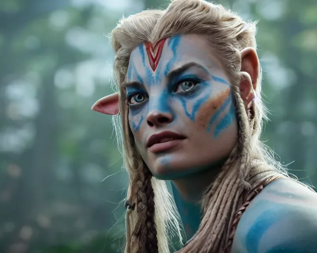 Prompt: a photo of margot robbie as a character in the avatar, hyper realistic face, beautiful eyes, cinematic, long shot, hyper detailed, 8 5 mm photograph, 8 k resolution, film still, sharp lens, wide lens