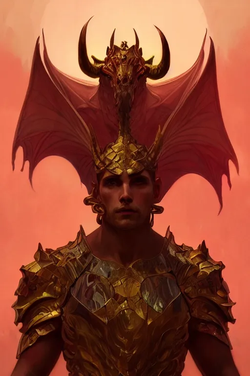 Image similar to full figure beautiful young fit antrophomorphic male dragon, great horns, armored, luminous scene, by greg rutkowski and alphonse mucha, d & d character, gradient yellow to red, in hell, highly detailed portrait, digital painting, artstation, concept art, smooth, sharp focus illustration, artstation hq