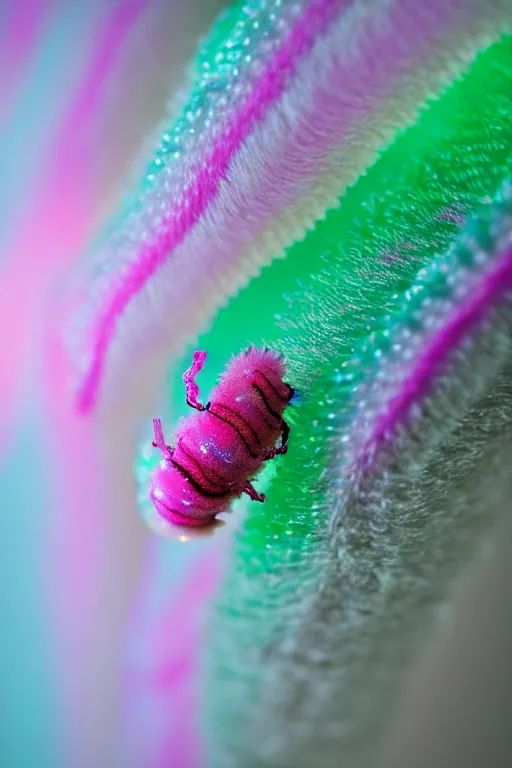 Image similar to high quality macro photo translucent fluffy caterpillar! gorgeous highly detailed hannah yata elson peter cinematic pink lighting high quality low angle hd 8k sharp shallow depth of field