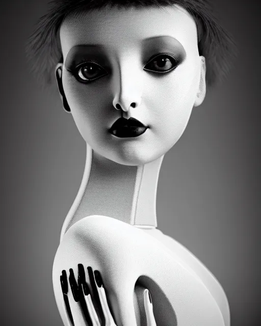 Image similar to surreal mythical dreamy dark artistic black and white fine art 3 / 4 fashion portrait photo of a young beautiful delicate female robot - owl with orchid - doll face, rim light, cinematic, studio dramatic light, poetic, masterpiece, octane render, 8 k, photo - realistic by gustave dore hg giger and man ray