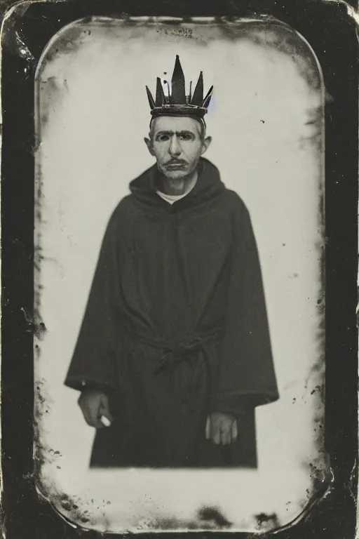 Prompt: a wet plate photo of a ferret priest, wearing a crown, wearing a robe