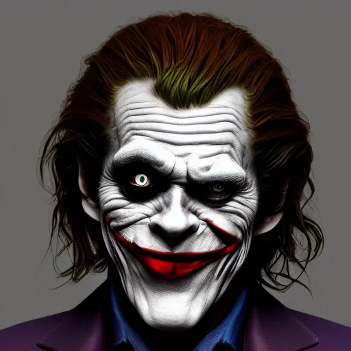 Image similar to Willem Dafoe is The Joker, hyperdetailed, artstation, cgsociety, 8k