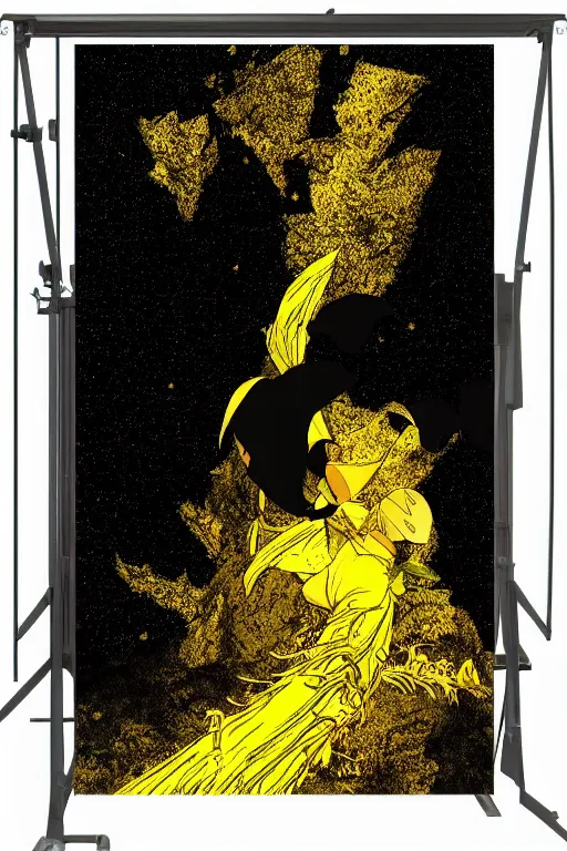Image similar to black crystal eminating gold light, black background, 4 k, studio ghibli