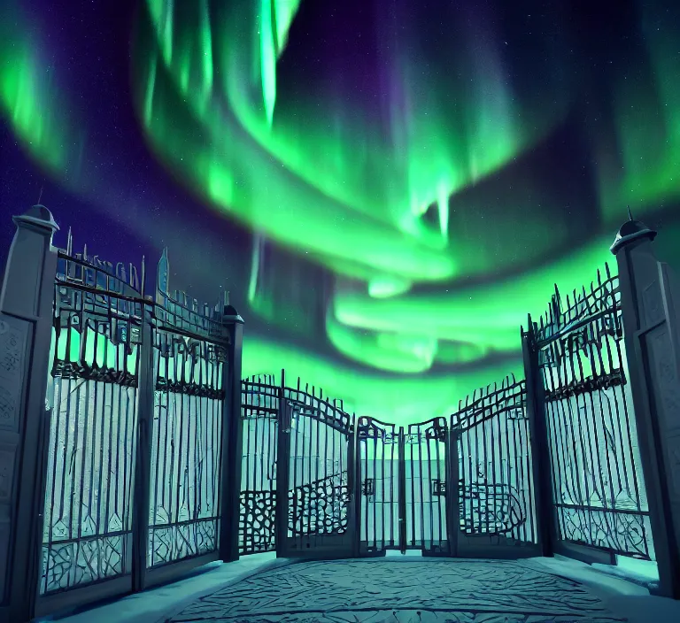 Image similar to a very detailed concept art of intricate and light gates to aurora borealis, trending on artstation, symmetry, digital art, 4 k, hyper realistic, octane render, sharp focus