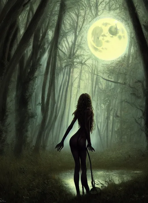 Image similar to the underbody of a beautiful skinny woman as witch in front of the full big moon in a fantasy forest, by james gurney, max liebermann, greg rutkowski, highly detailed digital art, artstation