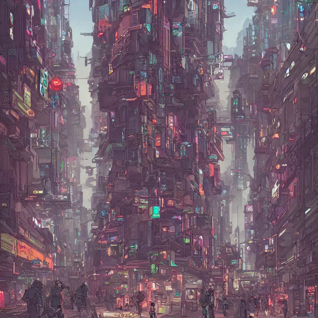 Image similar to a cyberpunk city street with robots and humans walking around, digital painting by moebius