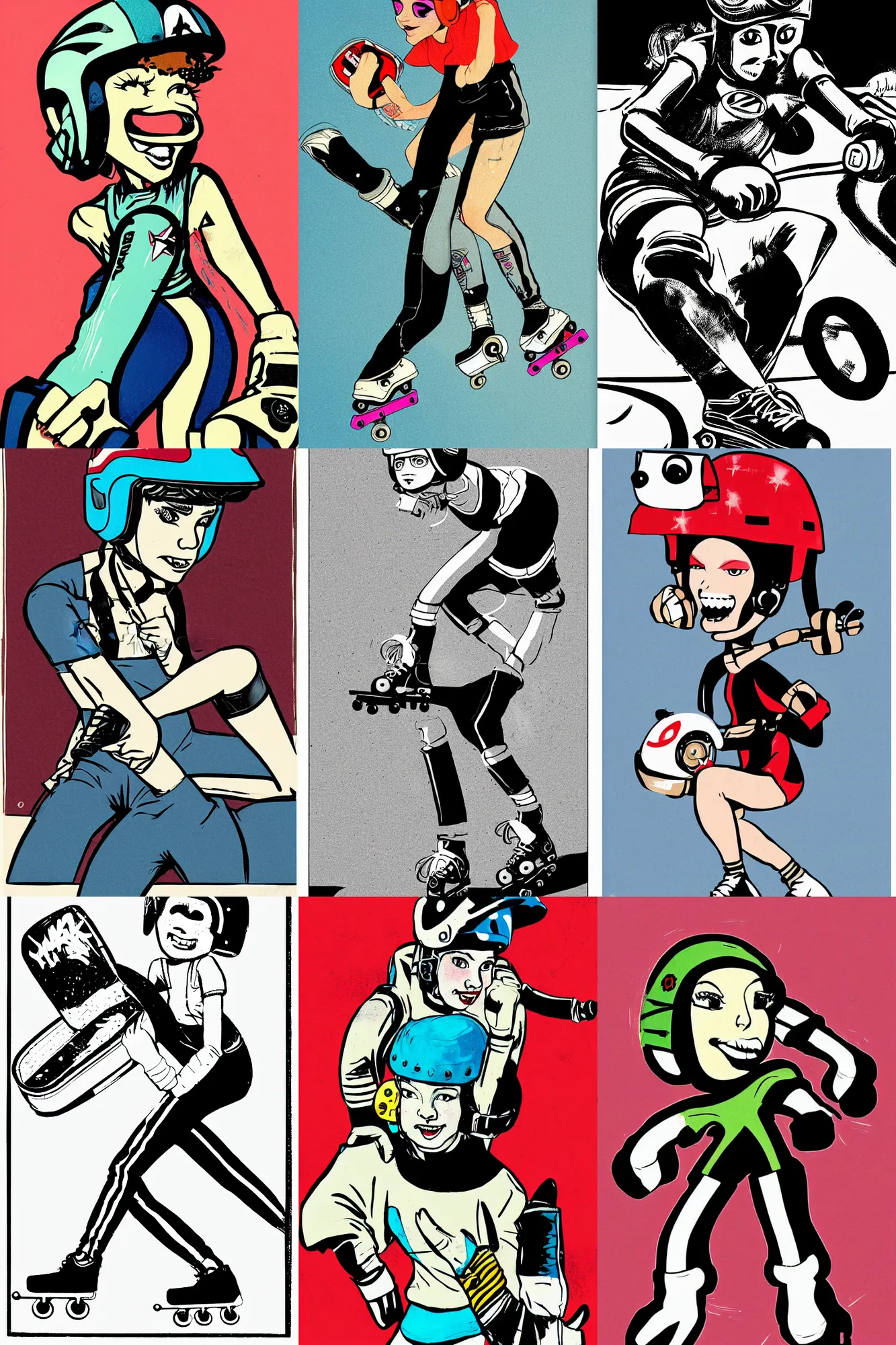 Prompt: portrait of roller derby girl, skating around a rink, wearing helmet, illustration by Jamie Hewlett