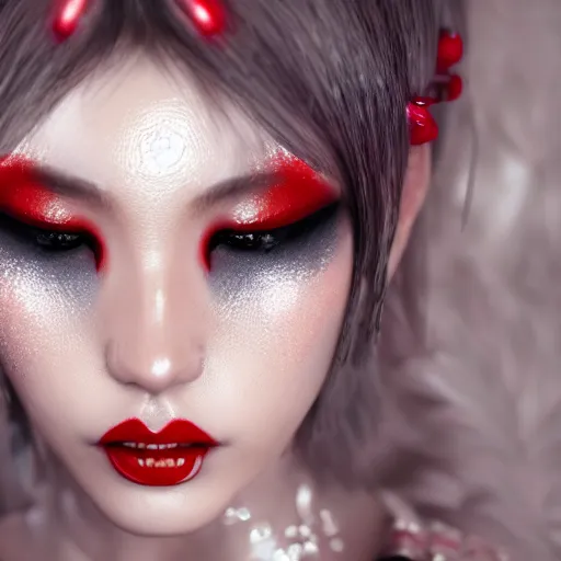 Image similar to Japanese model with maximalist hair style and makeup, fashion model, unreal engine octane, red and white, portrait, glitter, depth of field, 8k, hyper detailed, intricate, trending on artstation